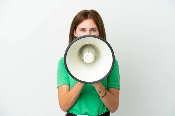 Jonge Engelse Vrouw Geïsoleerd Witte Achtergrond Schreeuwen Door Een Megafoon — Stockfoto