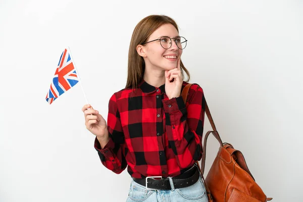 Junge Frau Mit Einer Flagge Des Vereinigten Königreichs Auf Blauem — Stockfoto