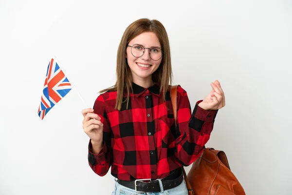 Mladá Žena Drží Vlajku Spojeného Království Izolované Modrém Pozadí Dělat — Stock fotografie