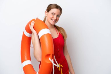 Young caucasian woman isolated on white background with lifeguard equipment and smiling a lot