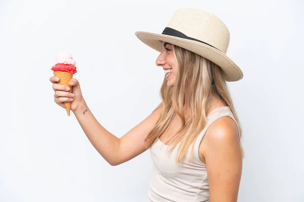 Young Caucasian Woman Cornet Ice Cream Isolated White Background Happy — Stockfoto