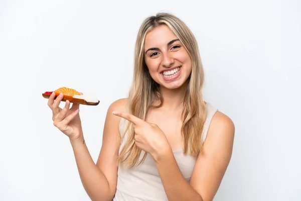 Young Caucasian Woman Holding Sashimi Isolated White Background Pointing — Foto Stock