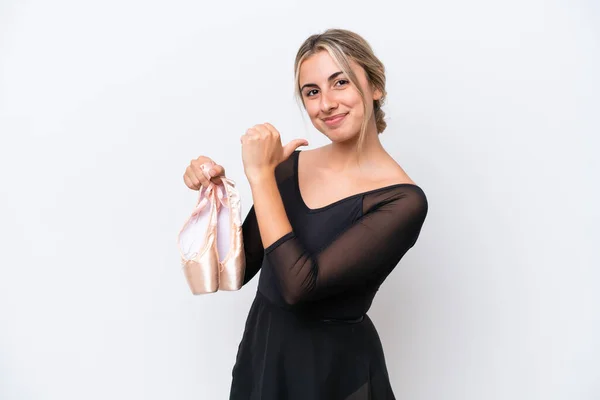 Young Caucasian Woman Practicing Ballet Isolated White Background Proud Self — Fotografia de Stock