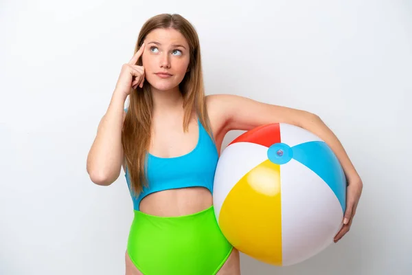 Young Woman Holding Beach Ball Holidays Isolated White Background Having — 스톡 사진