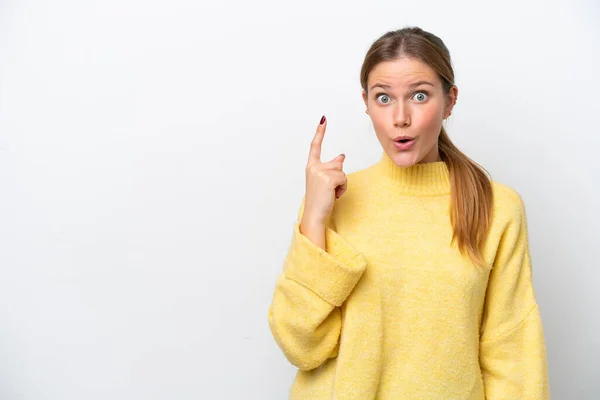 Jonge Blanke Vrouw Geïsoleerd Witte Achtergrond Van Plan Oplossing Realiseren — Stockfoto