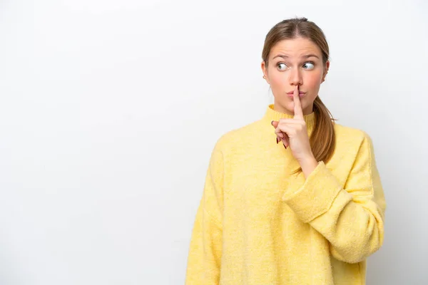 Jonge Blanke Vrouw Geïsoleerd Witte Achtergrond Met Een Teken Van — Stockfoto