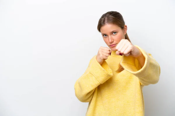 Young Caucasian Woman Isolated White Background Fighting Gesture — Stock Photo, Image