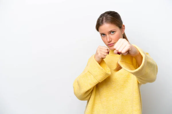 Jonge Kaukasische Vrouw Geïsoleerd Witte Achtergrond Met Vechten Gebaar — Stockfoto