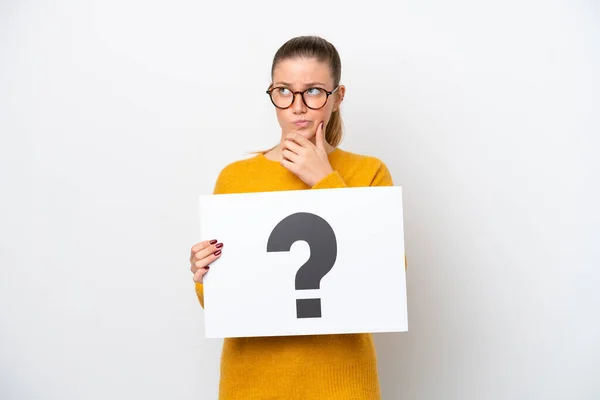 Young Caucasian Woman Isolated White Background Holding Placard Question Mark — Stockfoto