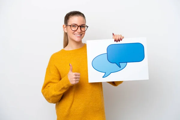 Young Caucasian Woman Isolated White Background Holding Placard Speech Bubble — ストック写真
