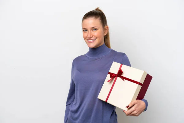 Young Caucasian Woman Holding Gift Isolated White Background Smiling Lot —  Fotos de Stock