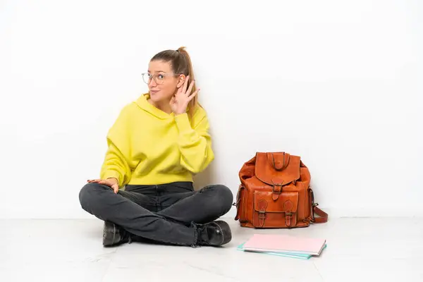 Young Student Caucasian Woman Sitting One Floor Isolated White Background — Foto Stock