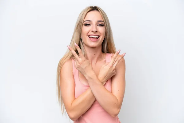 Pretty Blonde Woman Isolated White Background Smiling Showing Victory Sign — ストック写真