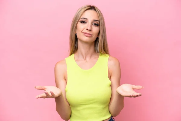 Pretty Blonde Woman Isolated Pink Background Having Doubts — 스톡 사진
