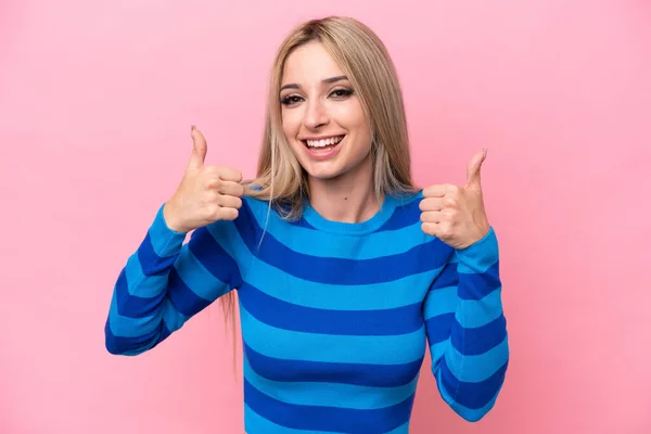 Pretty Blonde Woman Isolated Pink Background Giving Thumbs Gesture —  Fotos de Stock