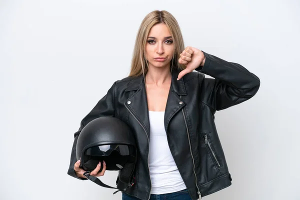 Pretty Blonde Woman Motorcycle Helmet Isolated White Background Showing Thumb —  Fotos de Stock