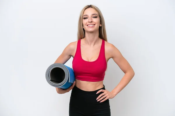 Joven Mujer Rubia Deportiva Que Clases Yoga Mientras Sostiene Una —  Fotos de Stock