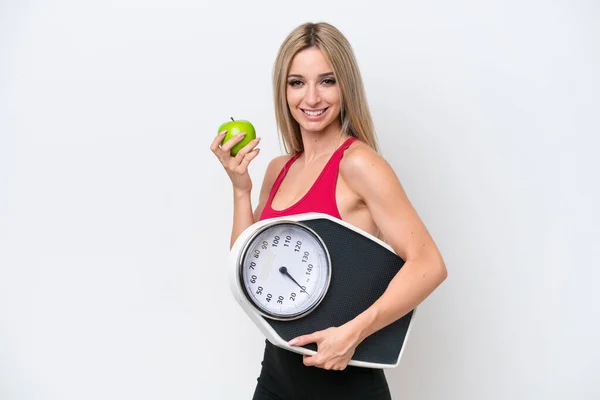Pretty Blonde Woman Isolated White Background Weighing Machine Apple — Stock Fotó