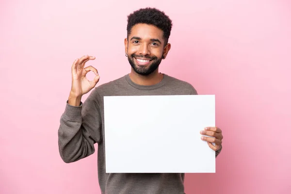 Young Brazilian Man Isolated Pink Background Holding Empty Placard Doing — Photo
