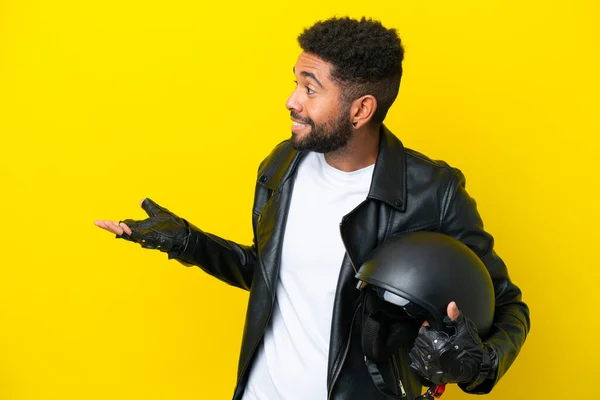 Young Brazilian Man Motorcycle Helmet Isolated Yellow Background Surprise Expression — Stok Foto