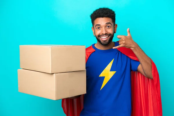 Super Hero Delivery Brazilian Man Isolated Blue Background Making Phone — Stock Photo, Image