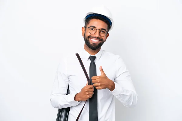 Young Architect Brazilian Man Helmet Holding Blueprints Isolated White Background — ストック写真