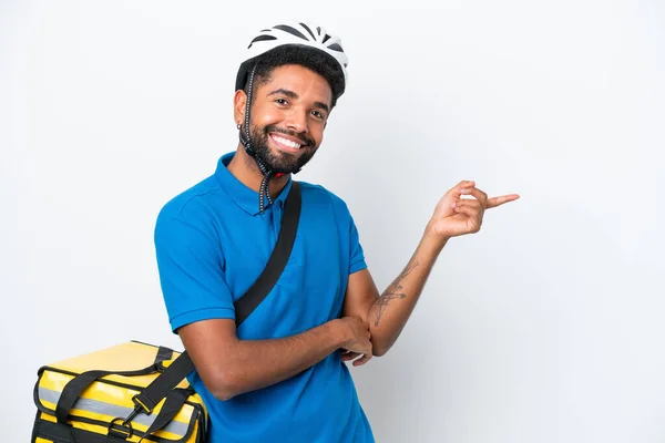 Young Brazilian Man Thermal Backpack Isolated White Background Pointing Finger — Fotografia de Stock