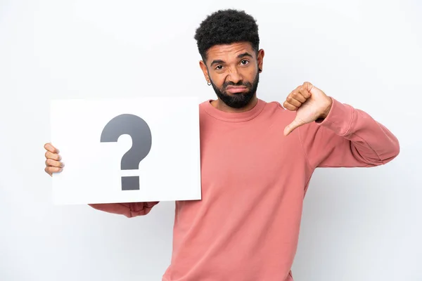 Young Brazilian Man Isolated White Background Holding Placard Question Mark — Foto de Stock