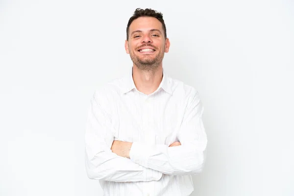 Young Caucasian Handsome Man Isolated White Background Keeping Arms Crossed — ストック写真