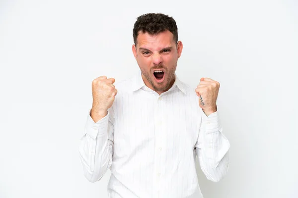 Jonge Kaukasische Knappe Man Geïsoleerd Witte Achtergrond Gefrustreerd Door Een — Stockfoto