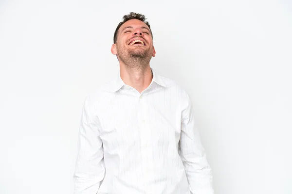 Jonge Kaukasische Knappe Man Geïsoleerd Witte Achtergrond Lachen — Stockfoto