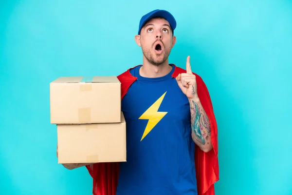 Super Hero Delivery Man Isolated Background Thinking Idea Pointing Finger — Stock fotografie