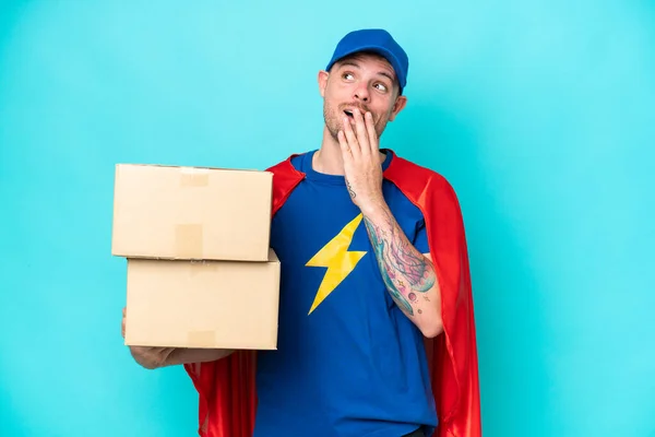 Super Hero Delivery Man Isolated Background Looking While Smiling — Stock fotografie