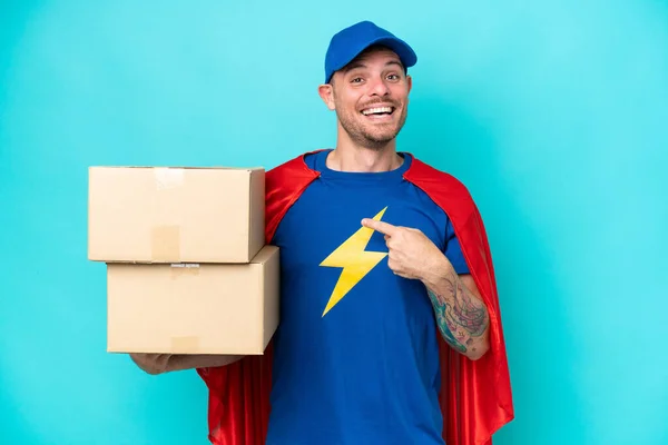 Super Hero Delivery Man Isolated Background Surprise Facial Expression — Stock fotografie