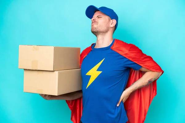 Super Hero Delivery Man Isolated Background Suffering Backache Having Made — Stock fotografie