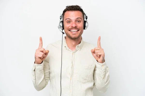 Telemarketer Caucasian Man Working Headset Isolated White Background Pointing Great — Stok fotoğraf