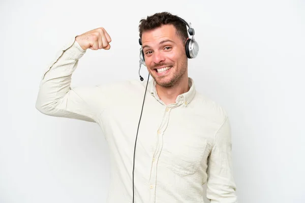 Telemarketer Caucasian Man Working Headset Isolated White Background Doing Strong — Foto de Stock