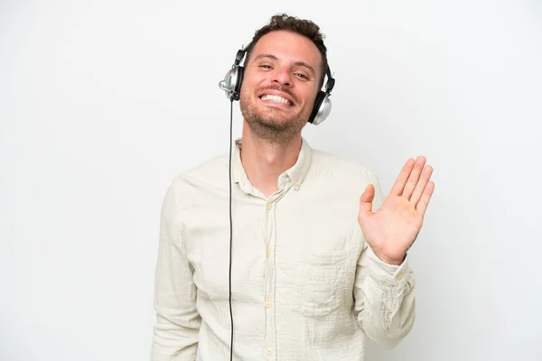 Telemarketer Blanke Man Werken Met Een Headset Geïsoleerd Witte Achtergrond — Stockfoto