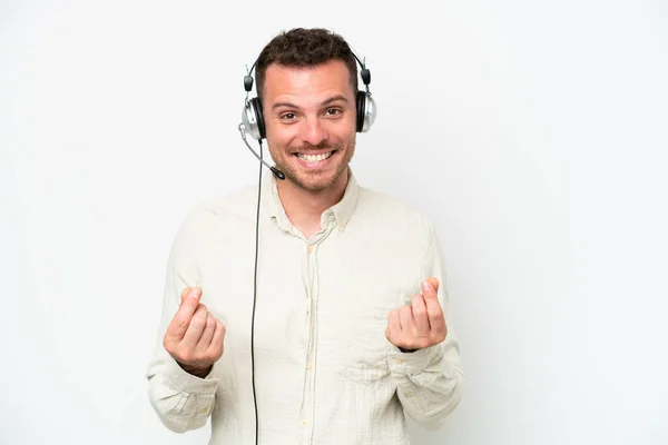 Telemarketer Kaukasische Man Werken Met Een Headset Geïsoleerd Witte Achtergrond — Stockfoto