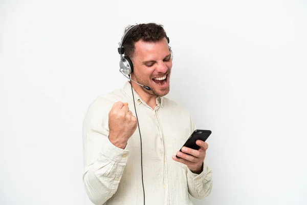 Telemarketer Caucasian Man Working Headset Isolated White Background Phone Victory — Foto de Stock