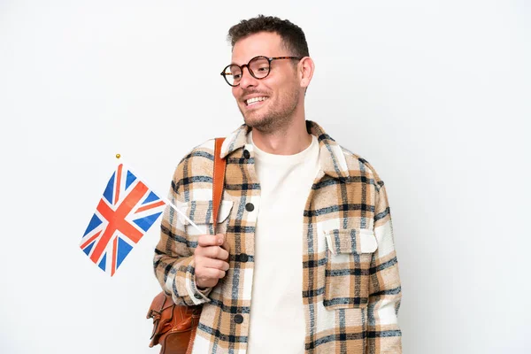 Young Hispanic Man Holding United Kingdom Flag Isolated White Background — 스톡 사진