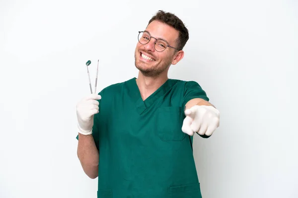 Young Caucasian Dentist Man Isolated White Background Pointing Front Happy — Stockfoto
