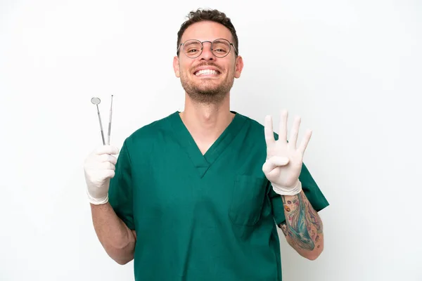 Young Caucasian Dentist Man Isolated White Background Happy Counting Four — Stockfoto