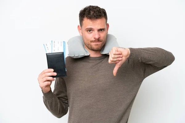 Young Caucasian Man Holding Passport Isolated White Background Showing Thumb —  Fotos de Stock