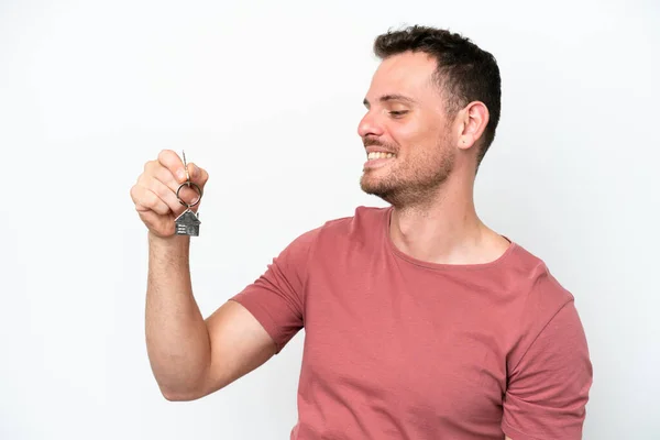 Young Caucasian Man Holding Home Keys Isolated White Background Happy — 图库照片