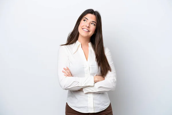 Young Brazilian Woman Isolated White Background Looking While Smiling — Stock Photo, Image