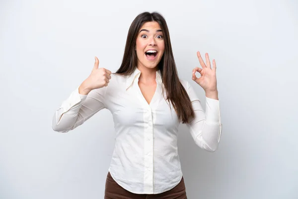 Young Brazilian Woman Isolated White Background Showing Sign Thumb Gesture — 스톡 사진
