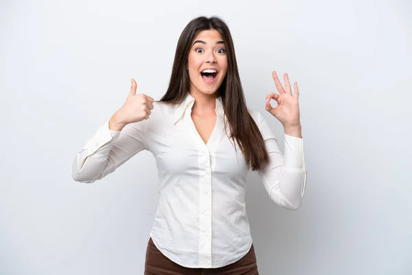 Young Brazilian Woman Isolated White Background Showing Sign Thumb Gesture — Zdjęcie stockowe