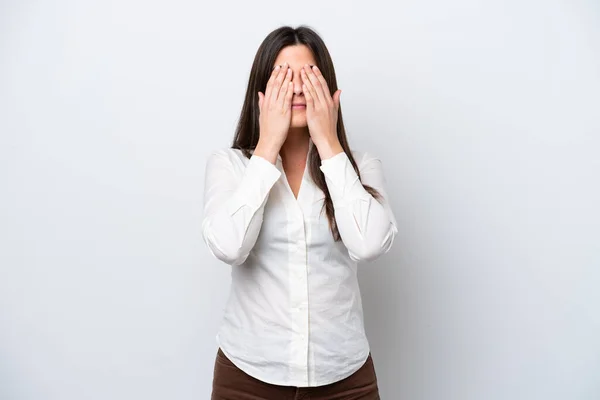 Young Brazilian Woman Isolated White Background Covering Eyes Hands — Stock Photo, Image