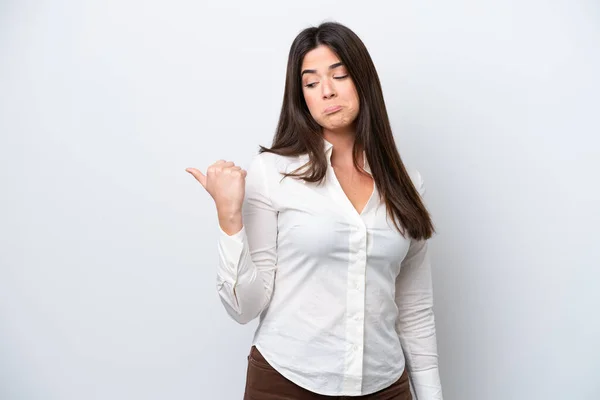 Young Brazilian Woman Isolated White Background Unhappy Pointing Side — ストック写真